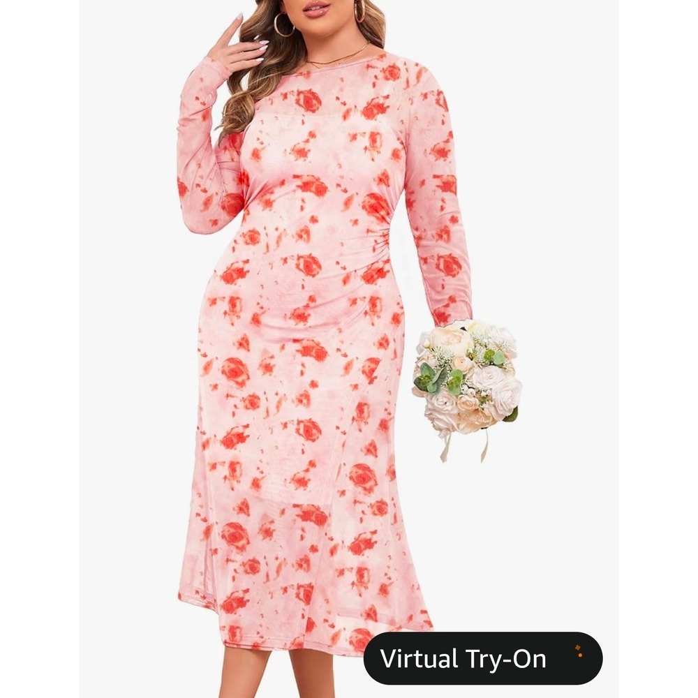 ZOMVA Women Pink Floral Mesh Long Sleeve Ruched Midi Dress with Lining 3XL